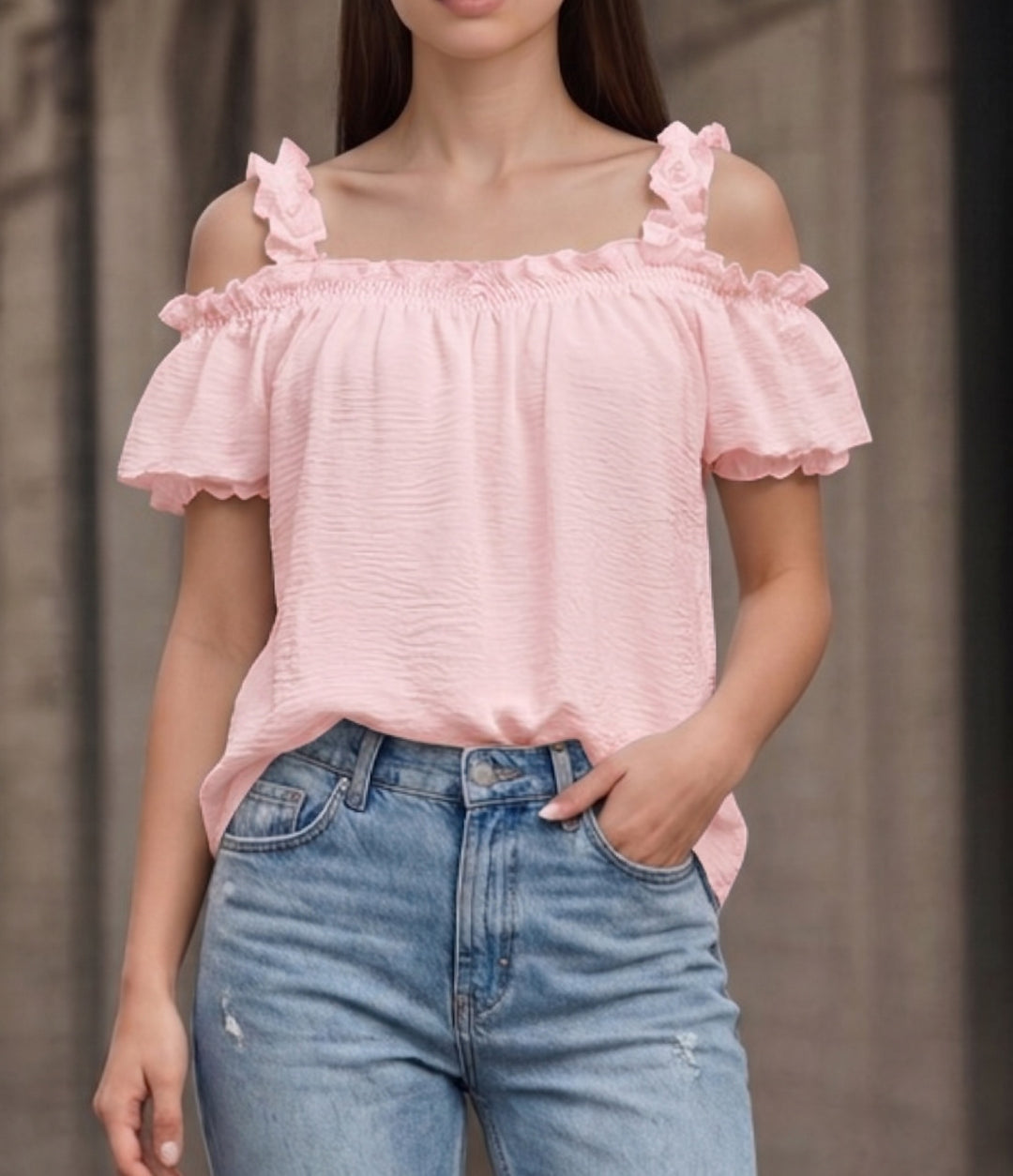 Damen Schulterfreies Crinkle-Top mit Smok-Bandeau, Rüschen‑Trägern und Flügelärmeln Drune