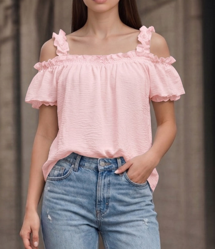 Damen Schulterfreies Crinkle-Top mit Smok-Bandeau, Rüschen‑Trägern und Flügelärmeln Drune
