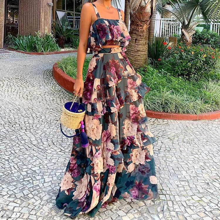 Damen Maxi-Rock mit gestuftem Volant und floralem Design Drune