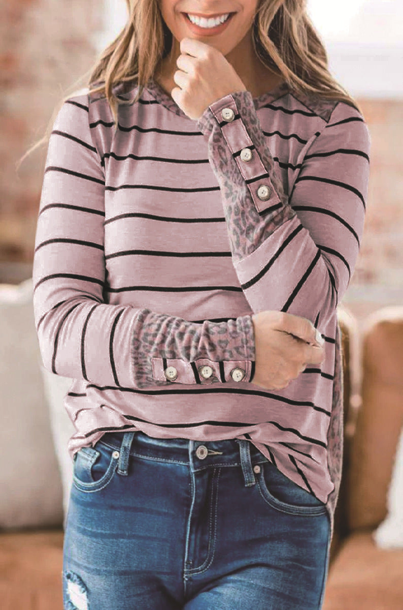 Damen Lässiges Streifen‑Langarmshirt mit Knopfmanschetten und Leo‑Kontrast Drune
