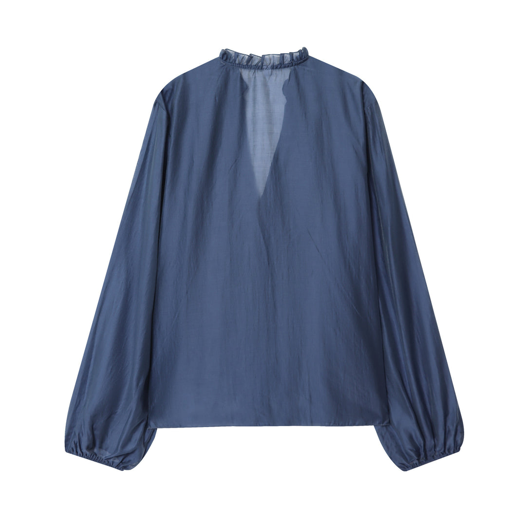 Damen nan seidige Rüschenbluse mit Stehkragen, Volantfront und Ballonärmeln Drune