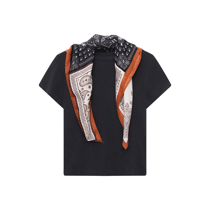 Damen elegantes Kurzarmoberteil mit schickem V-Ausschnitt und trendigem Schal Drune