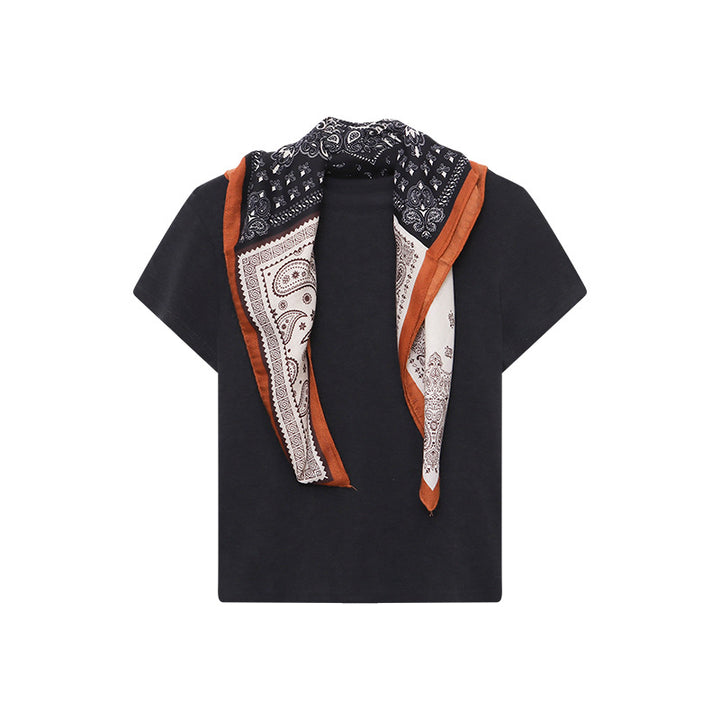Damen elegantes Kurzarmoberteil mit schickem V-Ausschnitt und trendigem Schal Drune