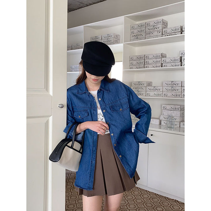 Damen lässige Denim-Hemdjacke mit aufgesetzten Taschen Drune