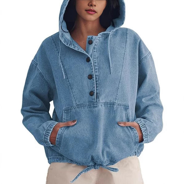 Damen Denim-Hoodie mit halber Knopfleiste, Kängurutasche und Tunnelzugsaum Drune