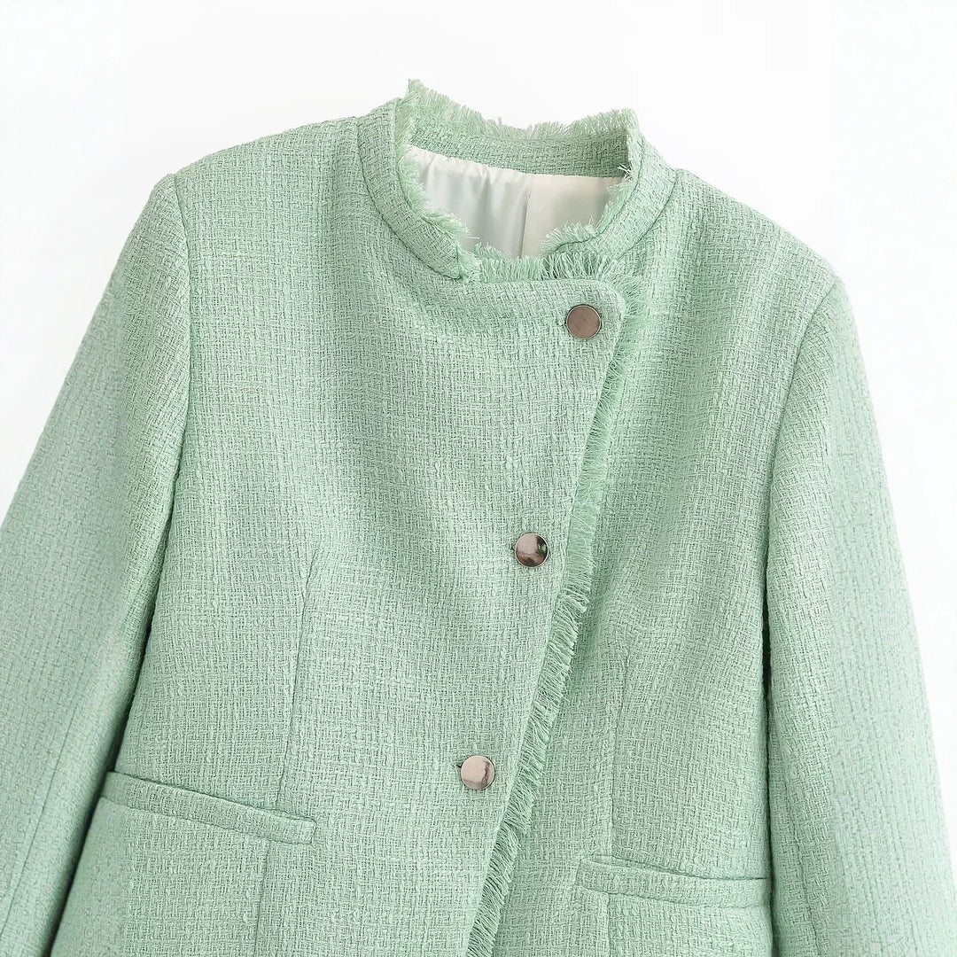 Damen Kurz geschnittene Bouclé-Tweedjacke mit Fransenbesatz und Rundhalsausschnitt Drune