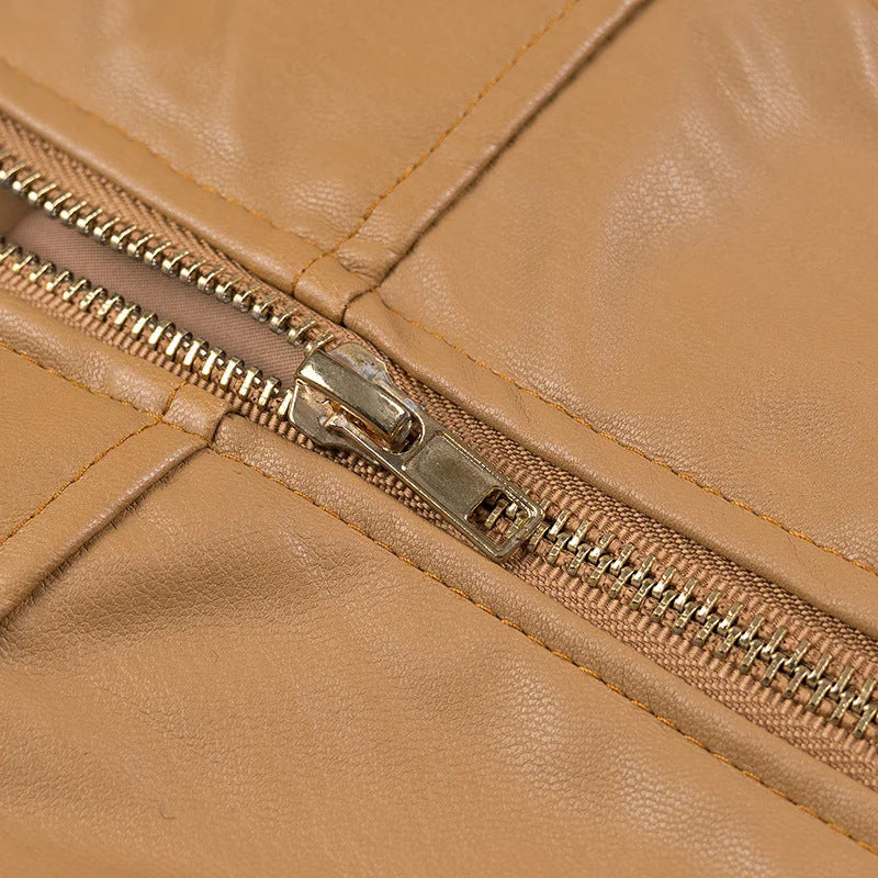 Damen nan leichte vegane Lederjacke mit Rundhalsausschnitt, tailliertem Schnitt und durchgehendem Reißverschluss Drune