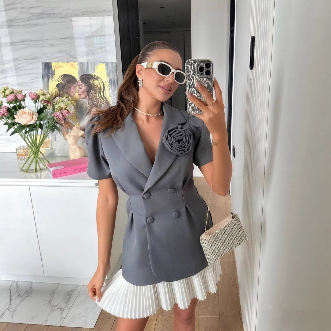 Damen eleganter Blazer mit Puffärmeln und floralem Detail Drune