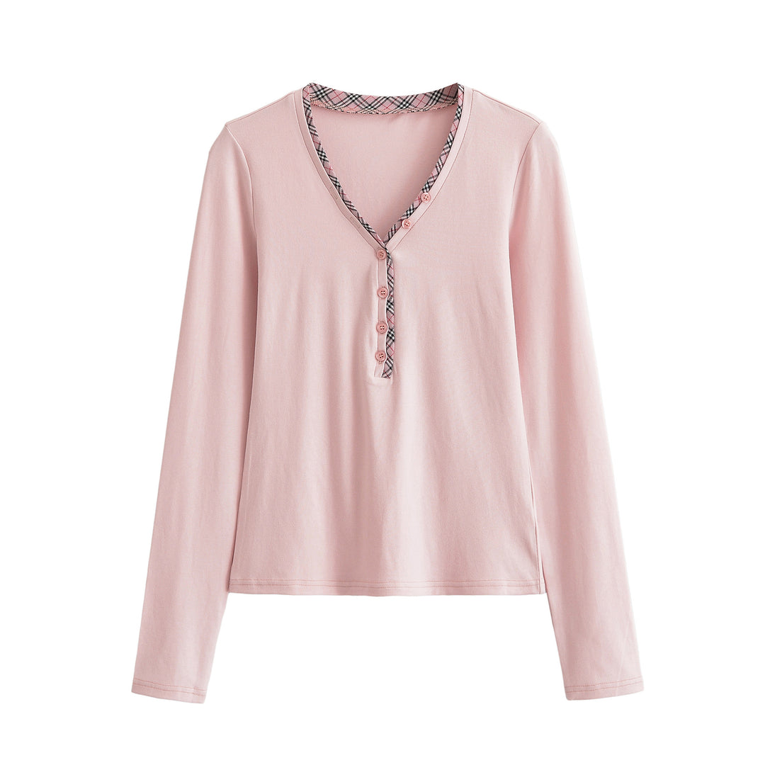 Damen Langarmshirt mit V-Ausschnitt, Knopfleiste und Karobesatz Drune