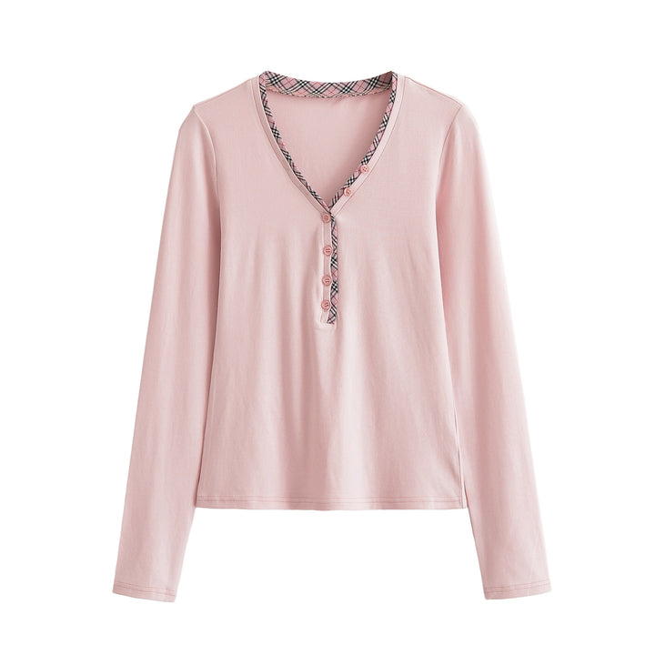 Damen Langarmshirt mit V-Ausschnitt, Knopfleiste und Karobesatz Drune