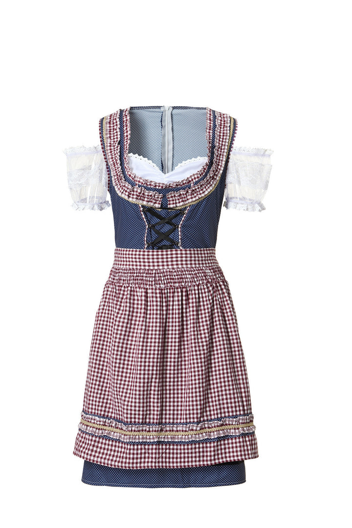 Damen nan traditionelles Trachtenkleid mit Schnürmieder, Spitzenärmeln und karierter Schürze Drune