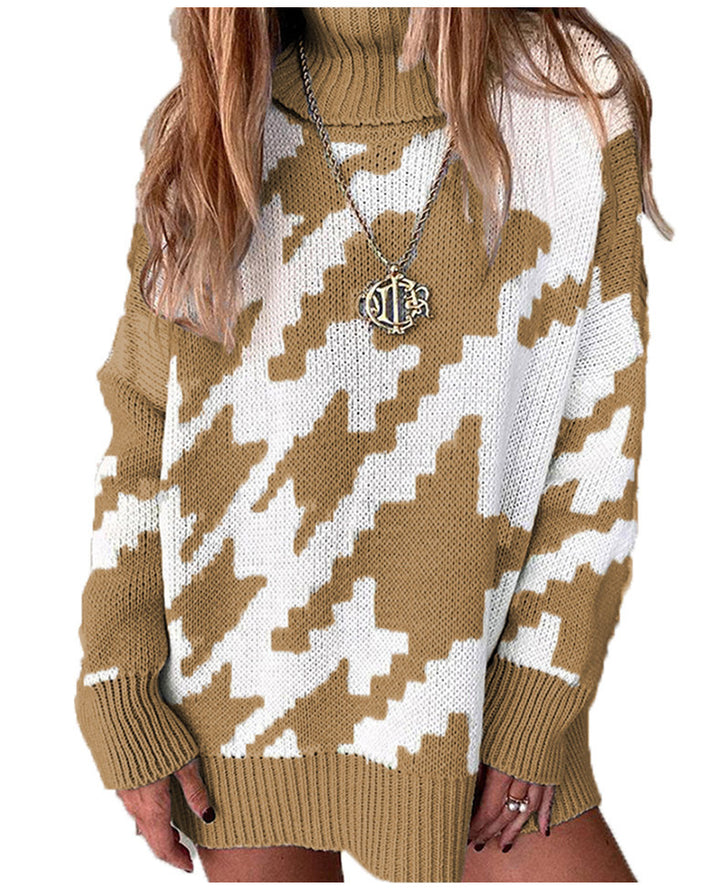 Damen Strickpullover mit hohem Kragen und modernem Zickzack-Muster Drune