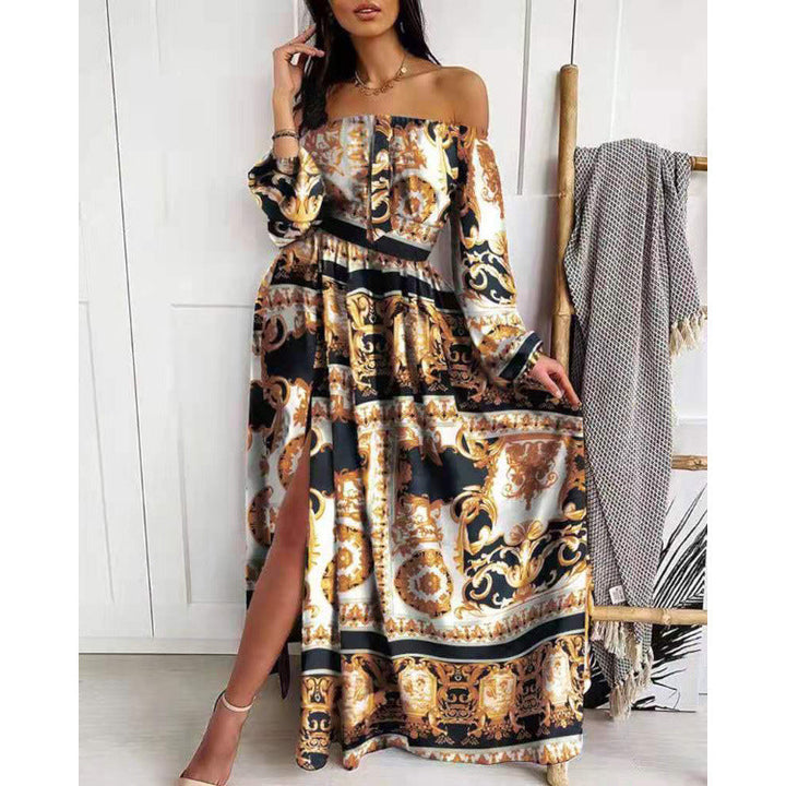 Damen Maxikleid mit offenem Schulterdesign und aufwendigem Barockmuster Drune