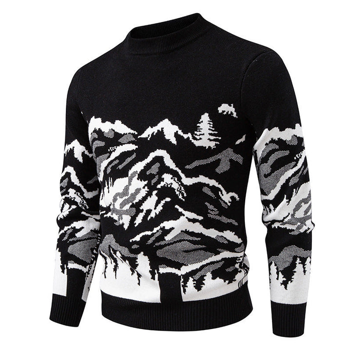 Herren Strickpullover mit Bergmotiv und hohem Kragen Drune