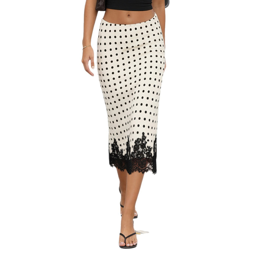 Damen Taillierter A‑Linien Midirock mit Polka‑Dot Print und Spitzenbordüre Drune