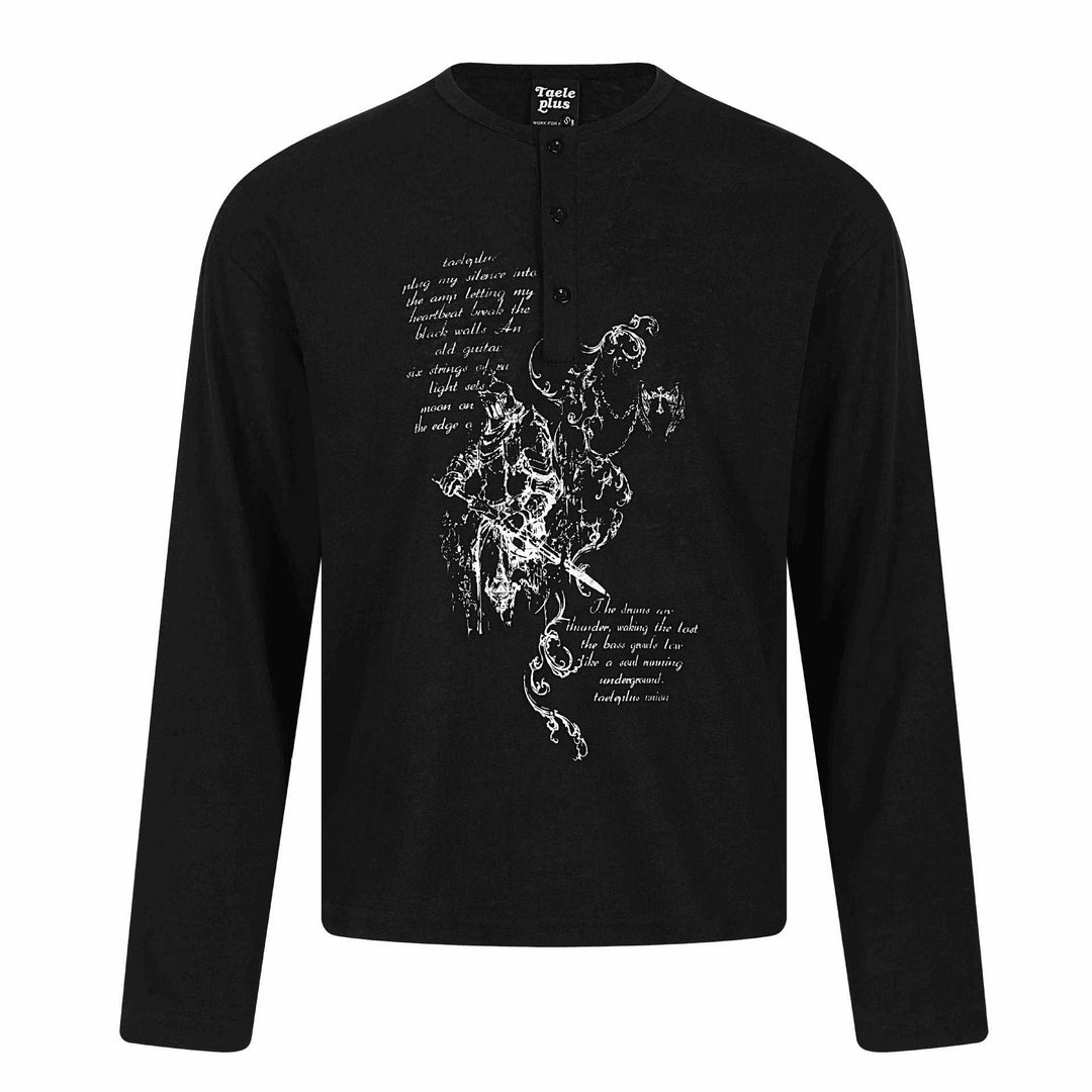 Unisex Langärmeliges Henley-Shirt mit knöpfbarer Brustleiste und Vintage-Illustrationsprint Drune