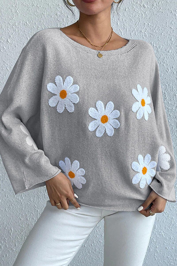Damen Strickpullover mit verspieltem Blumendesign und weitem Schnitt Drune