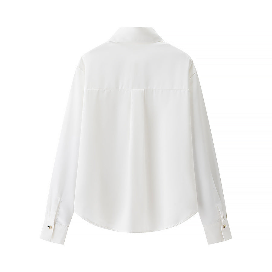 Damen nan luxuriöse seidenähnliche Hemdbluse mit Zierknopfleiste und klassischem Kragen Drune