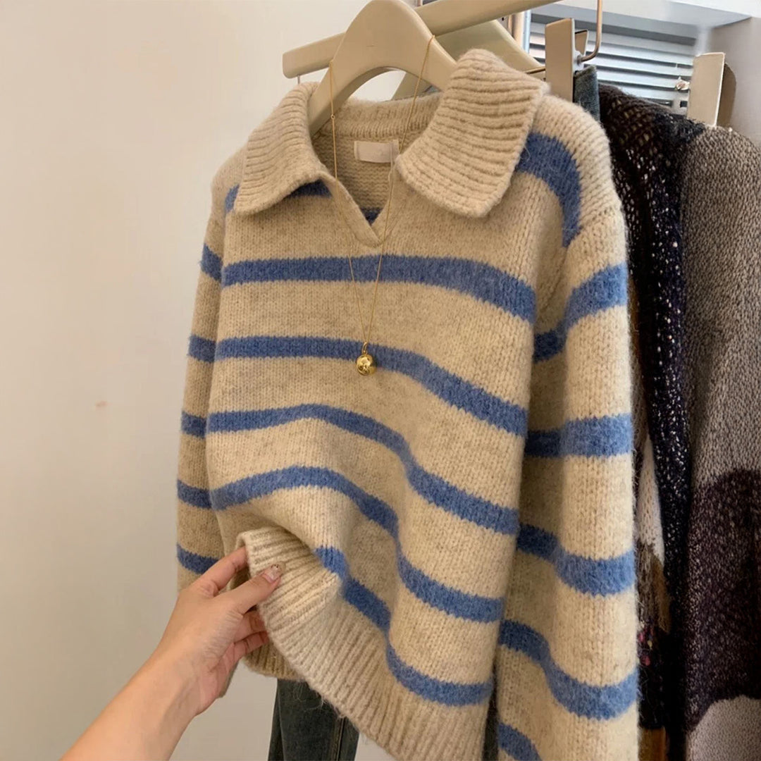 Damen nan kuscheliger Oversize-Strickpullover mit Polokragen und breiten Streifen Drune