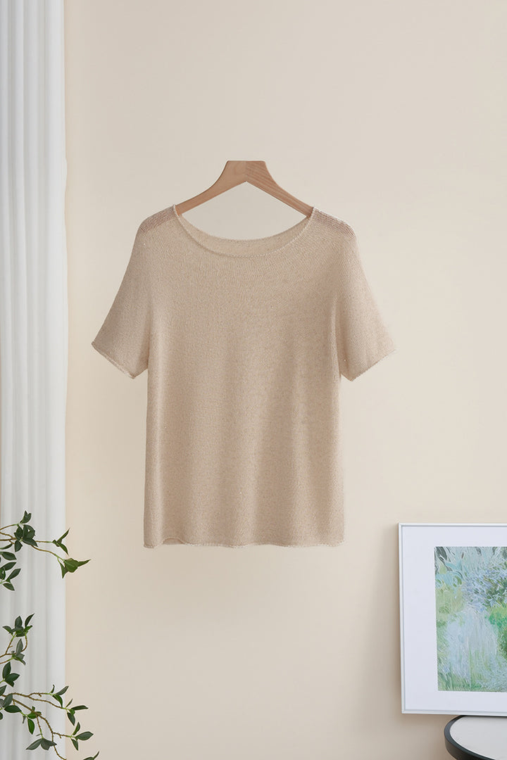 Damen Weiches Feinstrick-T-Shirt mit halbarm, weiter U-Boot-Ausschnitt und feiner Struktur Drune