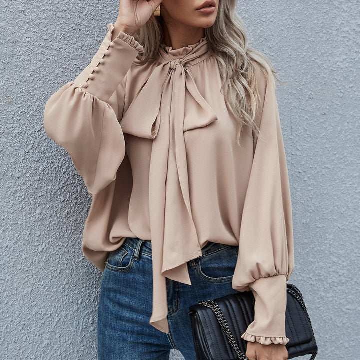 Damen Bluse mit Schleifenkragen und voluminösen Ärmeln Drune
