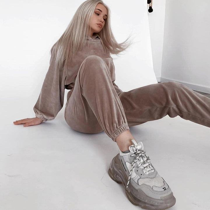 Damen Samt-Cropped-Loungewear-Set mit Kapuzenpullover und elastischer High-Waist-Jogginghose Drune