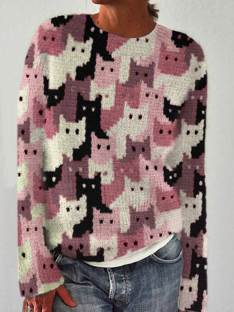 Damen Strickpullover mit verspieltem Katzenmuster Drune