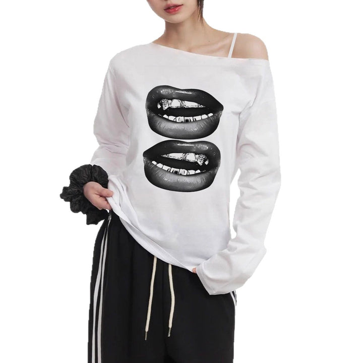Damen nan asymmetrisches Off-Shoulder Langarmshirt mit doppeltem Lippenprint, relaxed Oversize-Schnitt und weichem Baumwollmix Drune