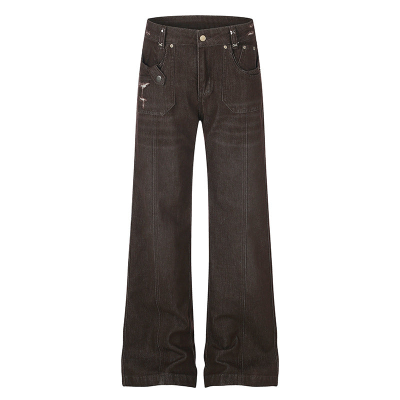 Damen Weite High‑Waist Denimhose mit geradem Bein und Utility‑Pattentaschen Drune