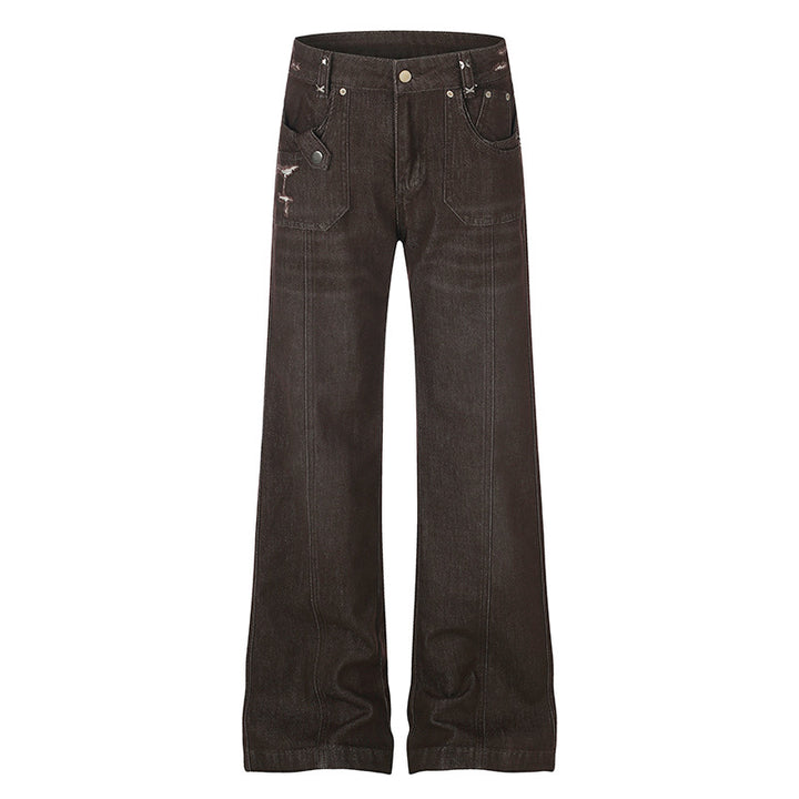 Damen Weite High‑Waist Denimhose mit geradem Bein und Utility‑Pattentaschen Drune