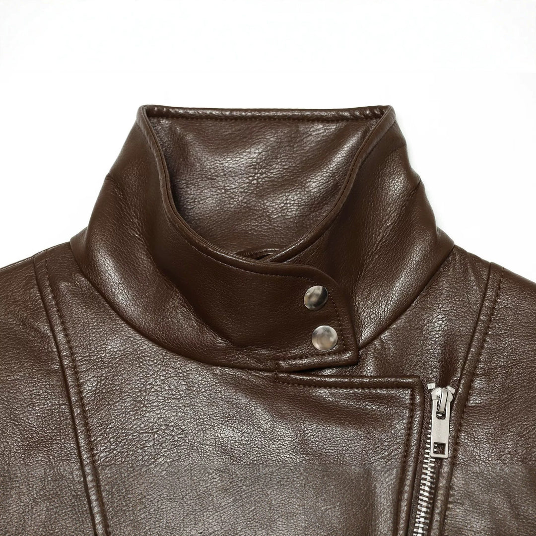Damen Kurze Kunstleder-Bikerjacke mit Stehkragen, asymmetrischem Reißverschluss und elastischem Saum Drune