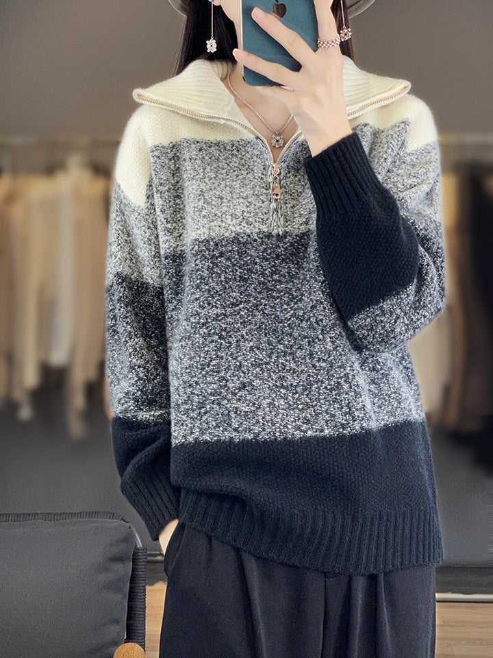 Damen Oversize-Strickpullover mit halbem Zip, meliertem Blockstreifen und weichem Flor Drune