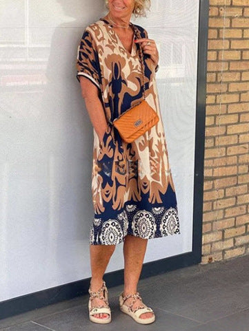 Damen luftiges V-Ausschnitt Strandkleid mit Taschen Drune
