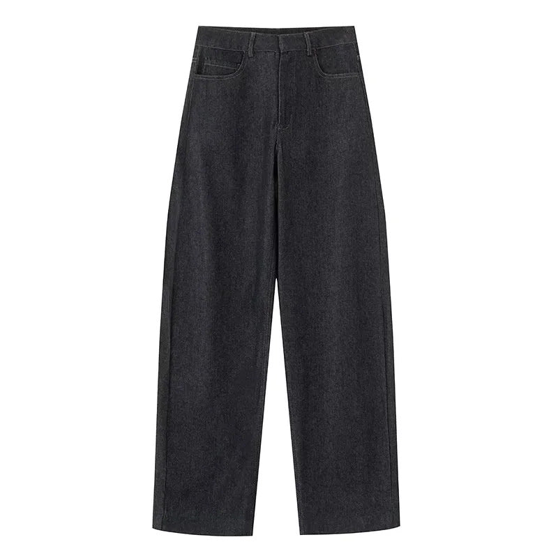 Damen nan hochgeschnittene weite Stoffhose mit geradem Bein, Gürtelschlaufen und dezentem Bunddetail Drune