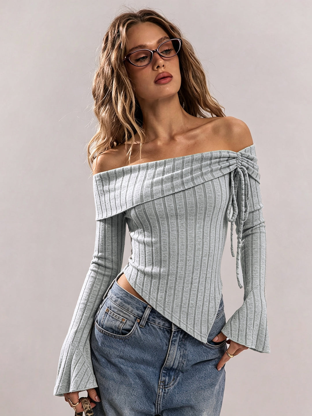 Damen schulterfreies geripptes Strick-Top mit asymmetrischem Zipfelsaum und Schnürdetail Drune