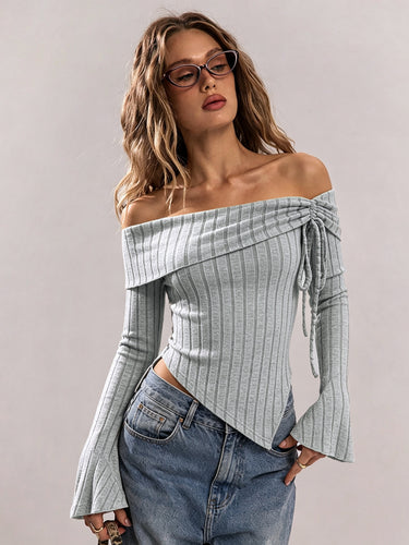 Damen schulterfreies geripptes Strick-Top mit asymmetrischem Zipfelsaum und Schnürdetail Drune