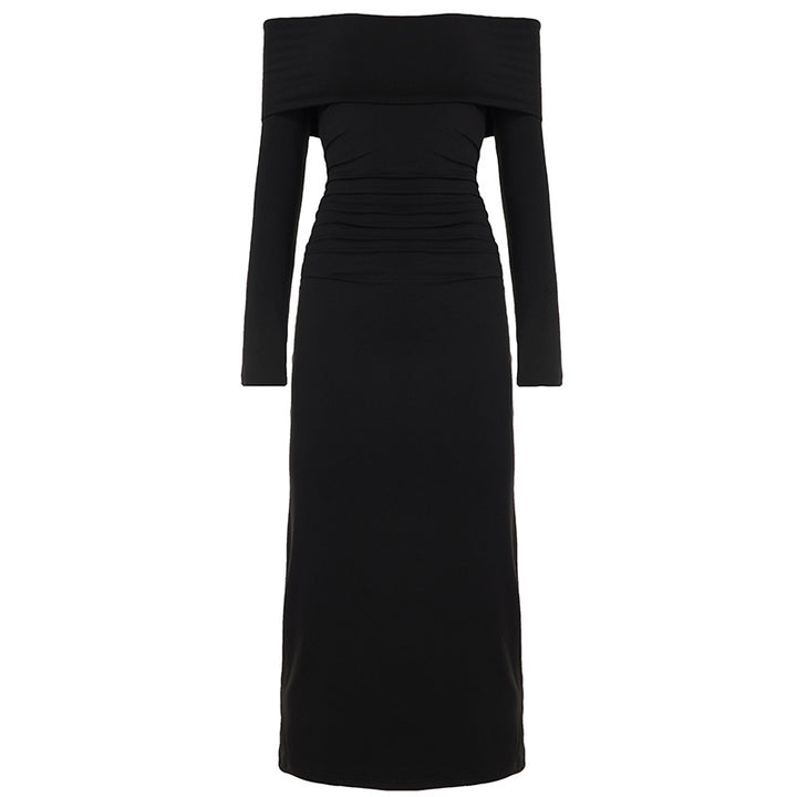 Damen nan figurbetontes Off-Shoulder-Maxikleid mit langen Ärmeln und Kontrastpaspeln Drune