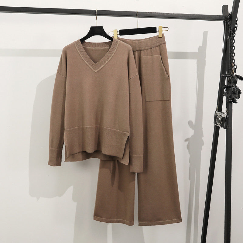 Damen lässiges Strick-Loungewear-Set mit tiefem V-Ausschnitt und praktischen Taschen Drune