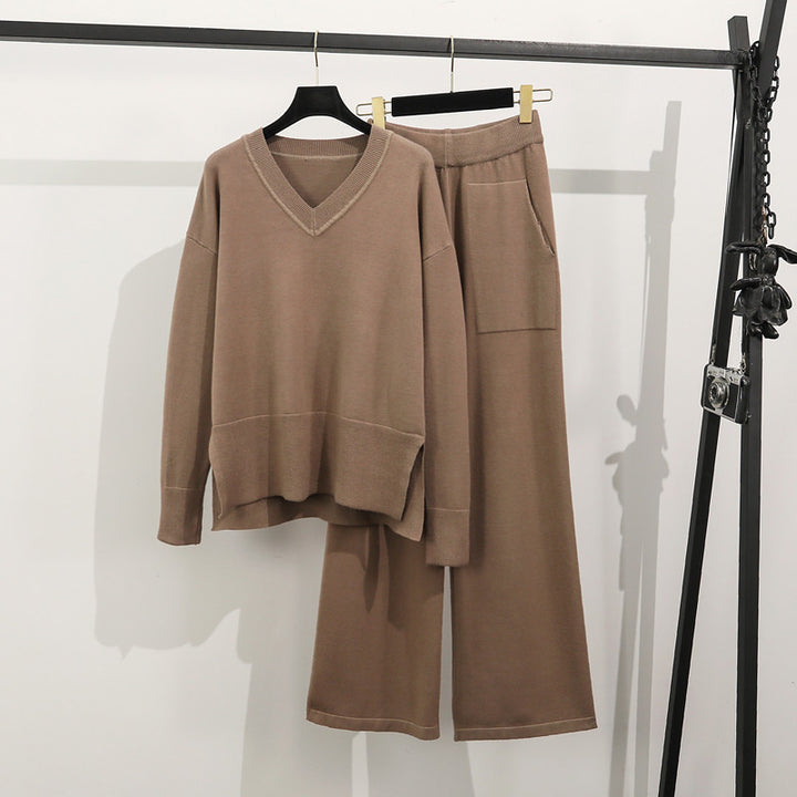 Damen lässiges Strick-Loungewear-Set mit tiefem V-Ausschnitt und praktischen Taschen Drune