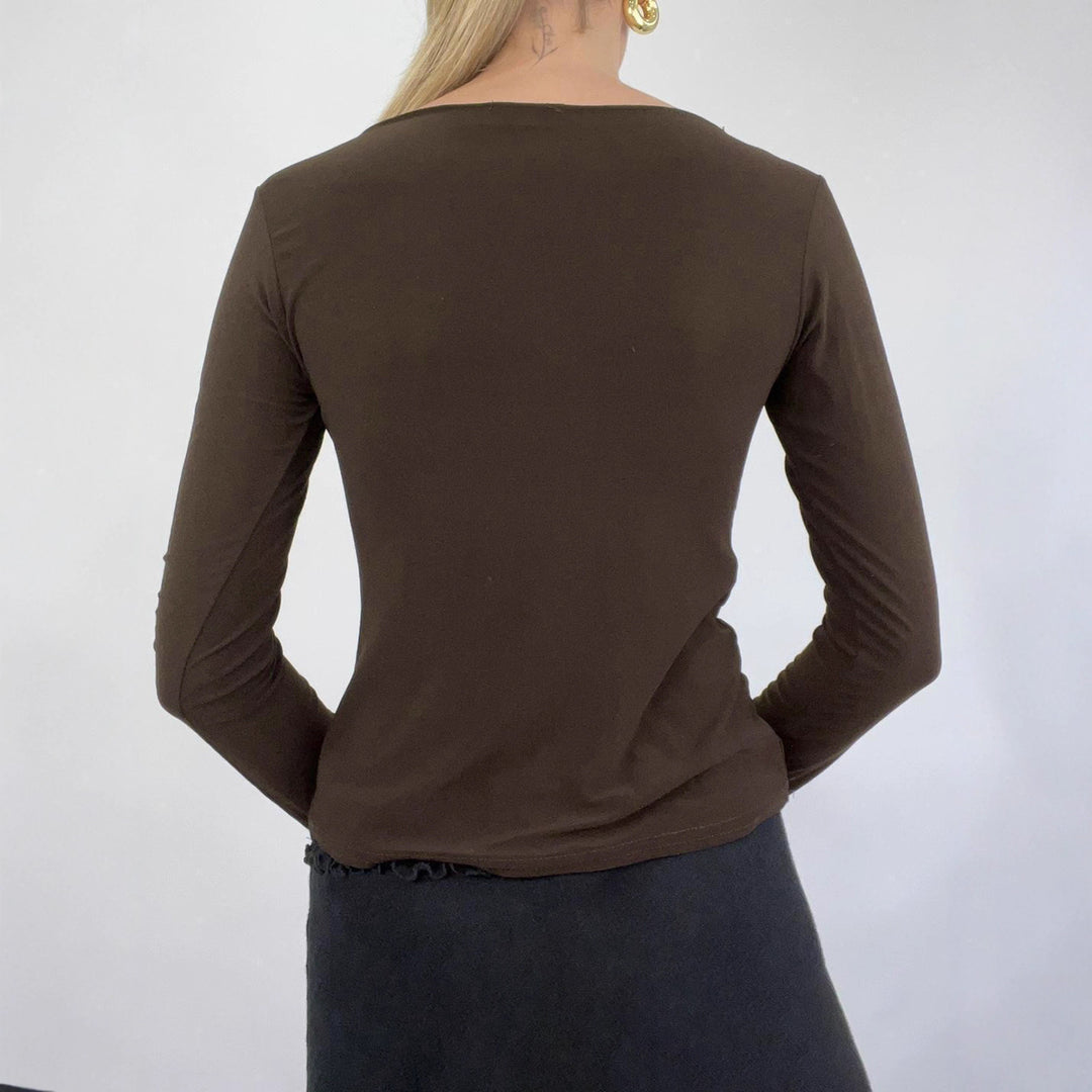 Damen nan figurbetontes Langarmshirt mit Drapé-Vorderteil und gehäkelter Mittelapplikation Drune