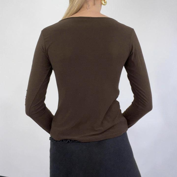 Damen nan figurbetontes Langarmshirt mit Drapé-Vorderteil und gehäkelter Mittelapplikation Drune