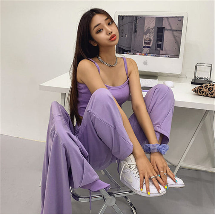 Damen modisches Drei-Teiliges Set mit cropped Hoodie, Tanktop und weiten Hosen Drune