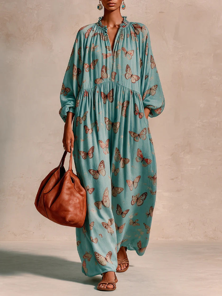 Damen Maxikleid im Boho-Caftan-Stil mit Schmetterlingsprint und geraffter Empire‑Taillen Drune