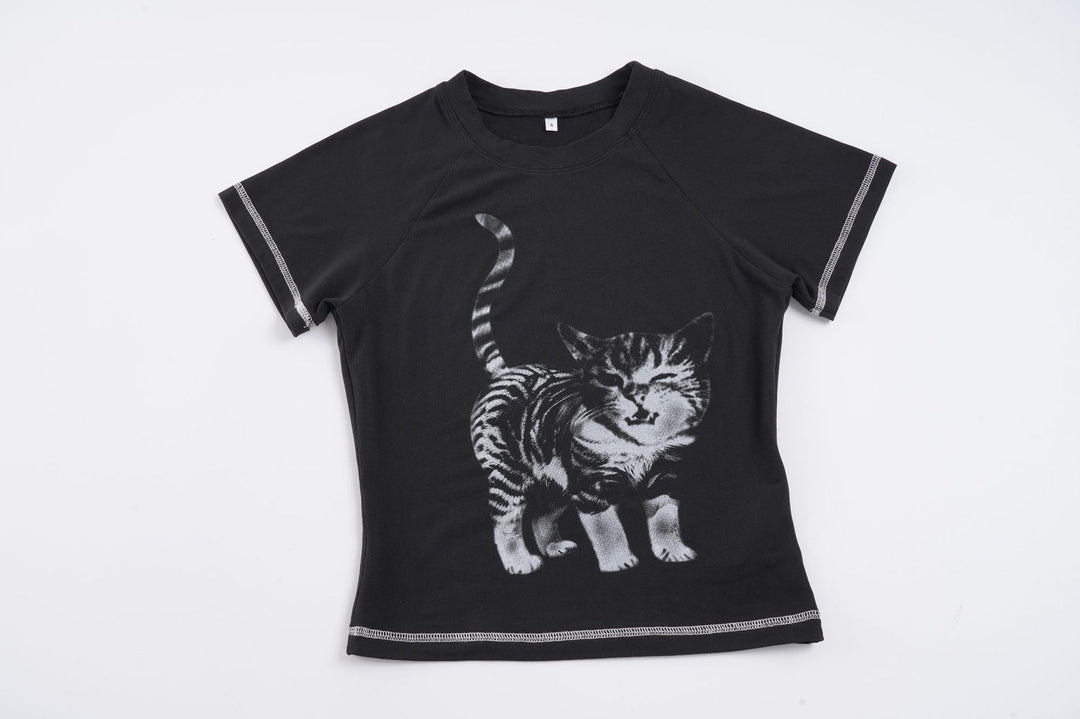 Damen T-Shirt mit kreativem Katzenmotiv und sportlichem Schnitt Drune