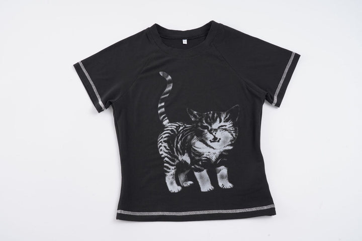 Damen T-Shirt mit kreativem Katzenmotiv und sportlichem Schnitt Drune