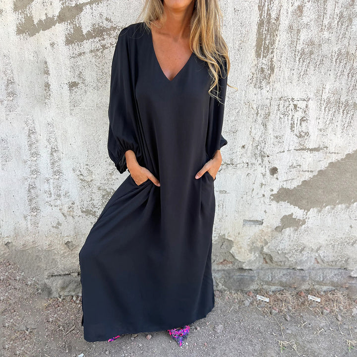 Damen Elegantes Midi-Kleid mit V-Ausschnitt und Puffärmeln Drune