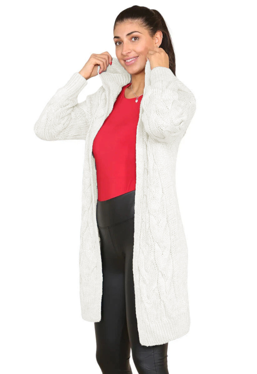 Damen Strickmantel mit Kapuze und Zopfmuster Drune