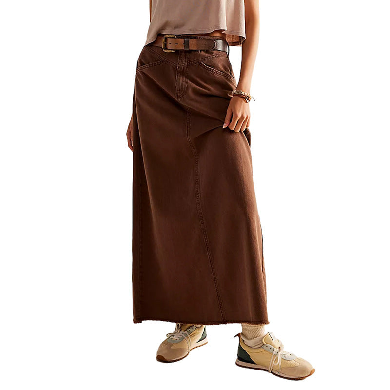 Damen Langer Denim-Rock mit hoher Taille und Taschen
