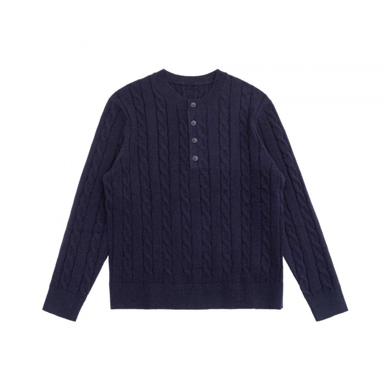 Unisex Grobgestrickter Henley-Pullover mit Zopfmuster und halber Knopfleiste Drune