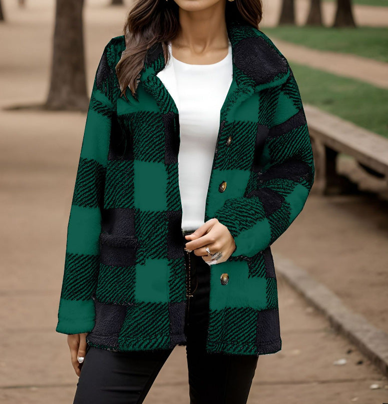 Damen Kuscheljacke mit Karomuster und Knopfverschluss Drune